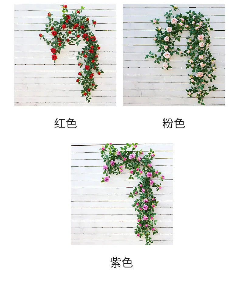 1.75m Artificial Rose Vine 22 Head Flower Fake Green Plant Flower Vine Wedding Arch Air Conditioning Pipe Wall Hanging Decor