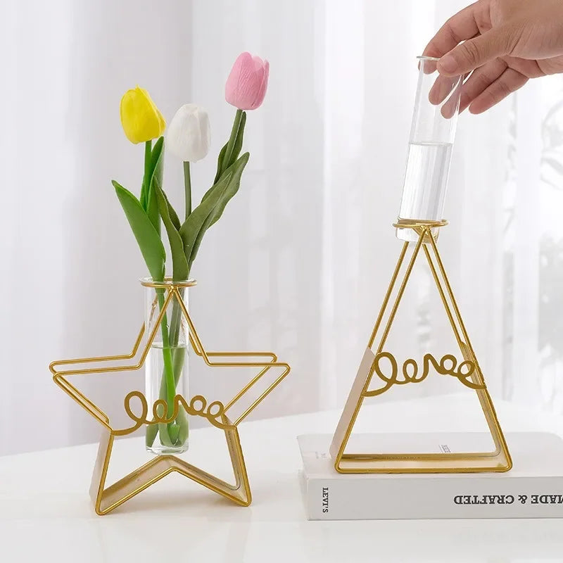 Nordic Style Creative Hydroponic Vase Tabletop Decoration Wrought Iron Frame Clear Glass Vase for Office Tabletop Decoration