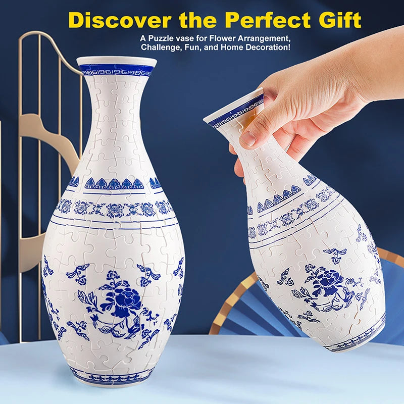 3D Puzzle Vase DIY Assembly Creative Blue And White Porcelain Design Plastic Home Decoration Flower Arrangement Kids Toys Gifts