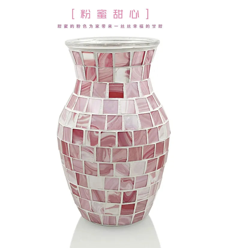European Style Pastoral Mosaic Glass Vase, Pink and Purple, Fashion Home and Restaurant Decoration Furnishings