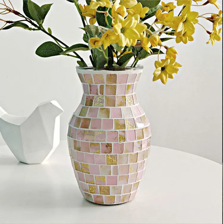 European Style Pastoral Mosaic Glass Vase, Pink and Purple, Fashion Home and Restaurant Decoration Furnishings