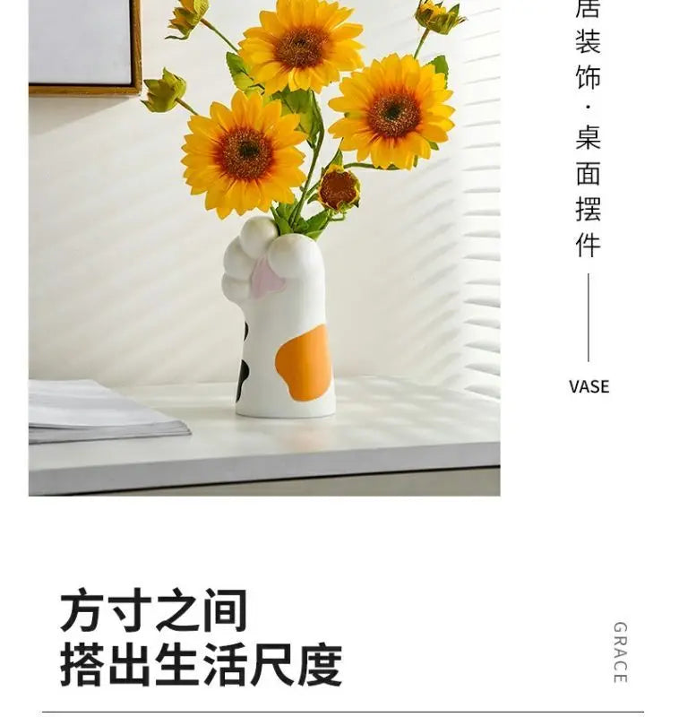 Cute Cat Hand Vase Ornament Ins Dry Flower Simulation Flower Living Room Foyer Decoration Dining Flower Arrangement Ceramicpot