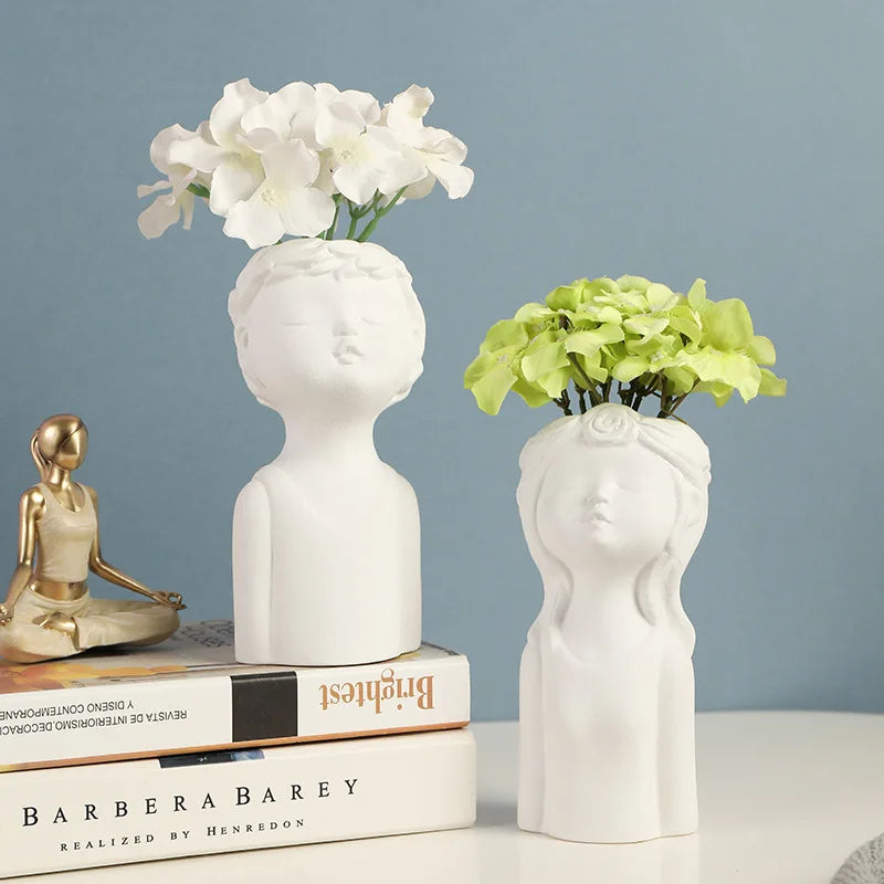 Cute Boy Girl Vase Ceramic Hydroponic Vase Dried Flower Decoration Flower Arrangement Desktop Ornament Home Office Decor