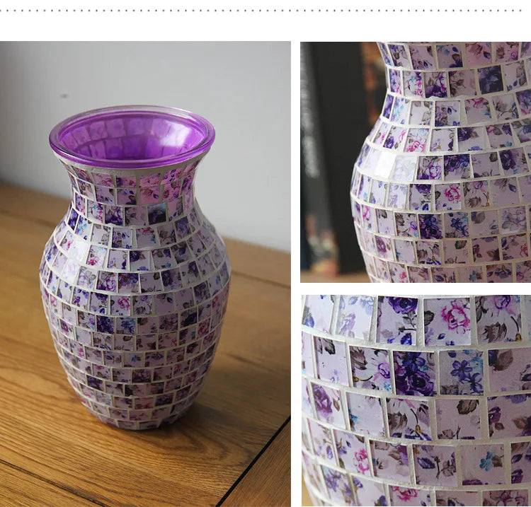European Style Pastoral Mosaic Glass Vase, Pink and Purple, Fashion Home and Restaurant Decoration Furnishings