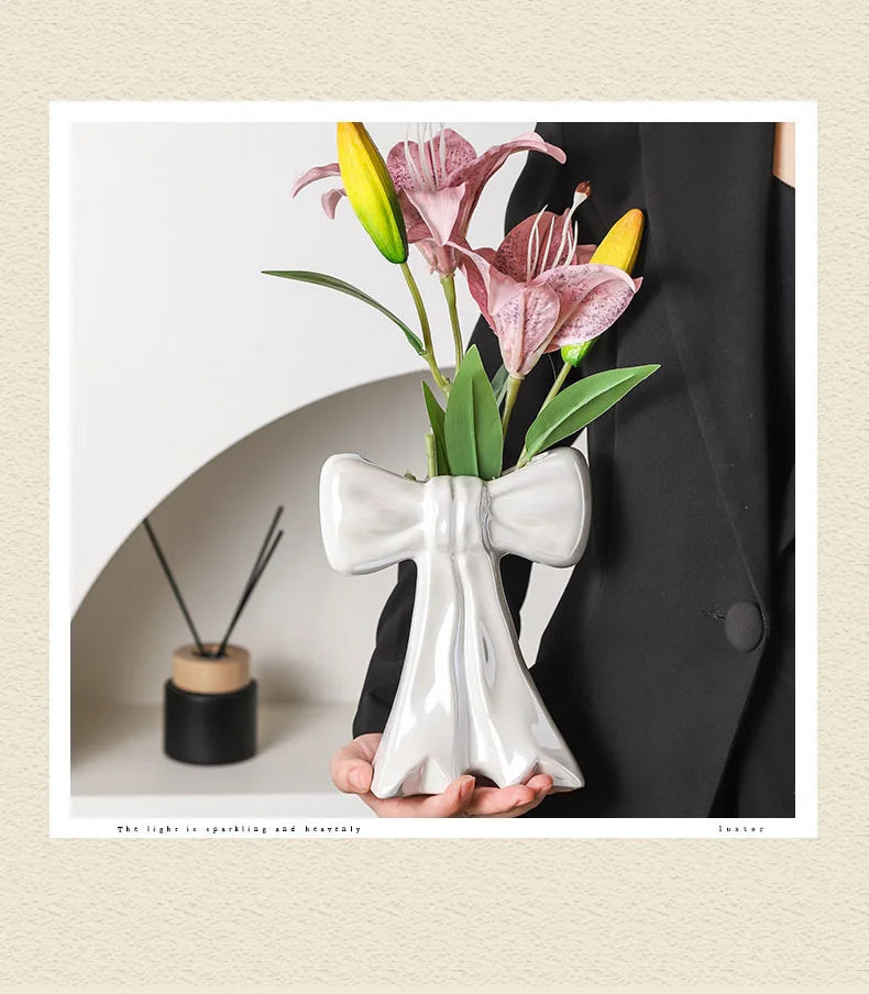 Lovely Bowknot Ceramic Vase Plant Pots Table Decoration Flowers Arrangement Shiny Porcelain Floral Vase Room Aesthetic Decor