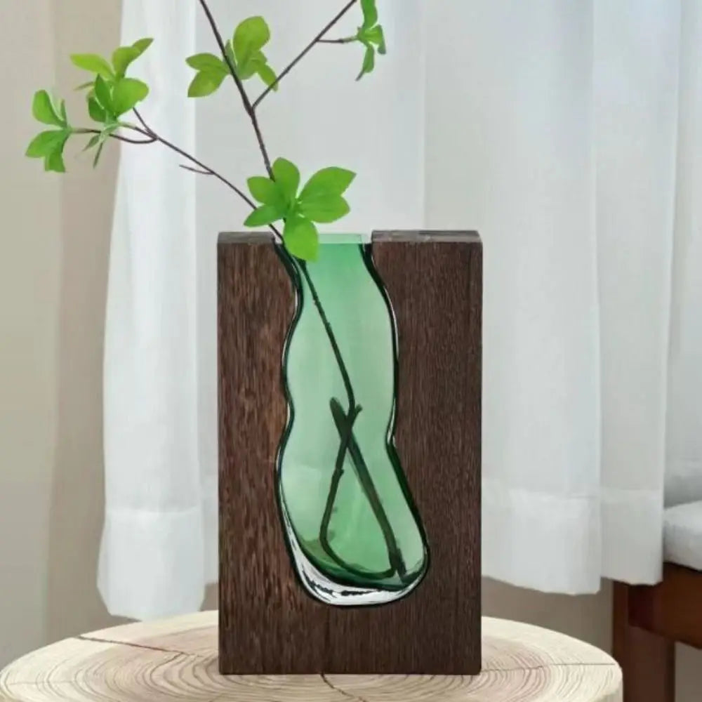Home Decor Wooden Glass Vase Creative Transparent Hydroponic Flower Holder Exquisite Removable Flower Pot Gift