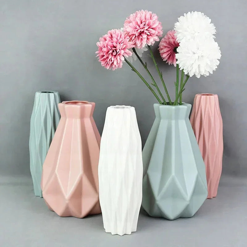 Modern Flower Vase Plastic Vases for Flowers White Pink Plastic Vase Flower Pot Basket Nordic Home Living Room Decoration
