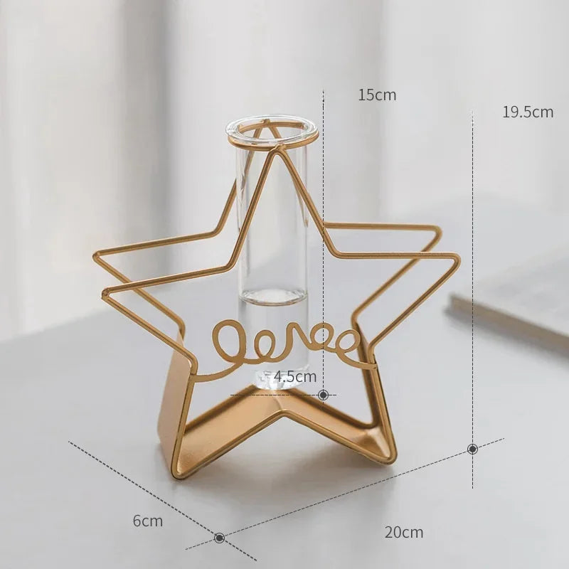 Nordic Style Creative Hydroponic Vase Tabletop Decoration Wrought Iron Frame Clear Glass Vase for Office Tabletop Decoration
