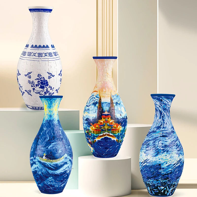 3D Puzzle Vase DIY Assembly Creative Blue And White Porcelain Design Plastic Home Decoration Flower Arrangement Kids Toys Gifts