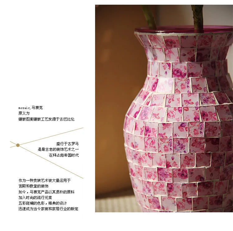 European Style Pastoral Mosaic Glass Vase, Pink and Purple, Fashion Home and Restaurant Decoration Furnishings