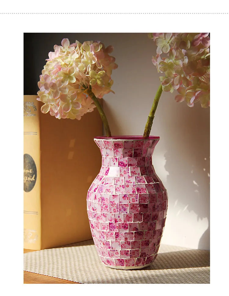 European Style Pastoral Mosaic Glass Vase, Pink and Purple, Fashion Home and Restaurant Decoration Furnishings