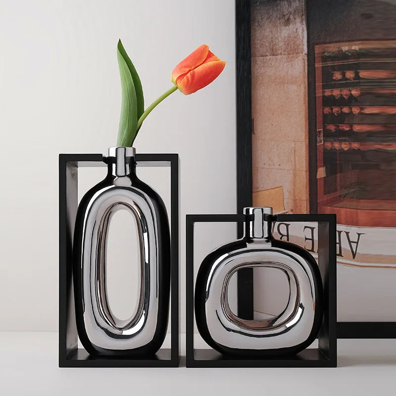Silver Ceramic Vase Hollow Cutout Frame Hydroponic Flower Arrangement Flower Vase Terrarium Home Decoration Accessories