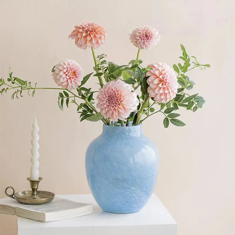Modern Minimalist Cloudy Blue Glazed Glass Vase - Elegant Floral Centerpiece for Living Room & Entryway | Durable Decor, Perfect