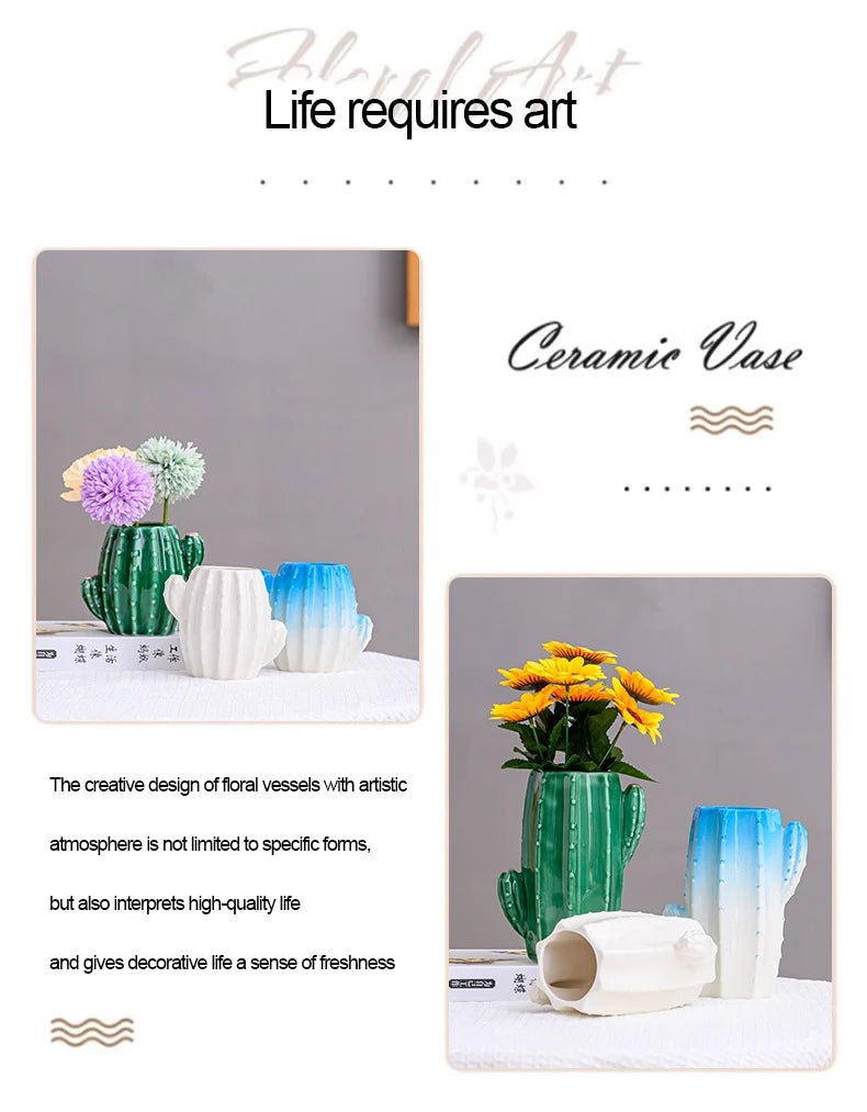 European style creative ceramic cactus vase decoration, dried flowers, hydroponic flowers, living room, pen holder, TV cabinet,