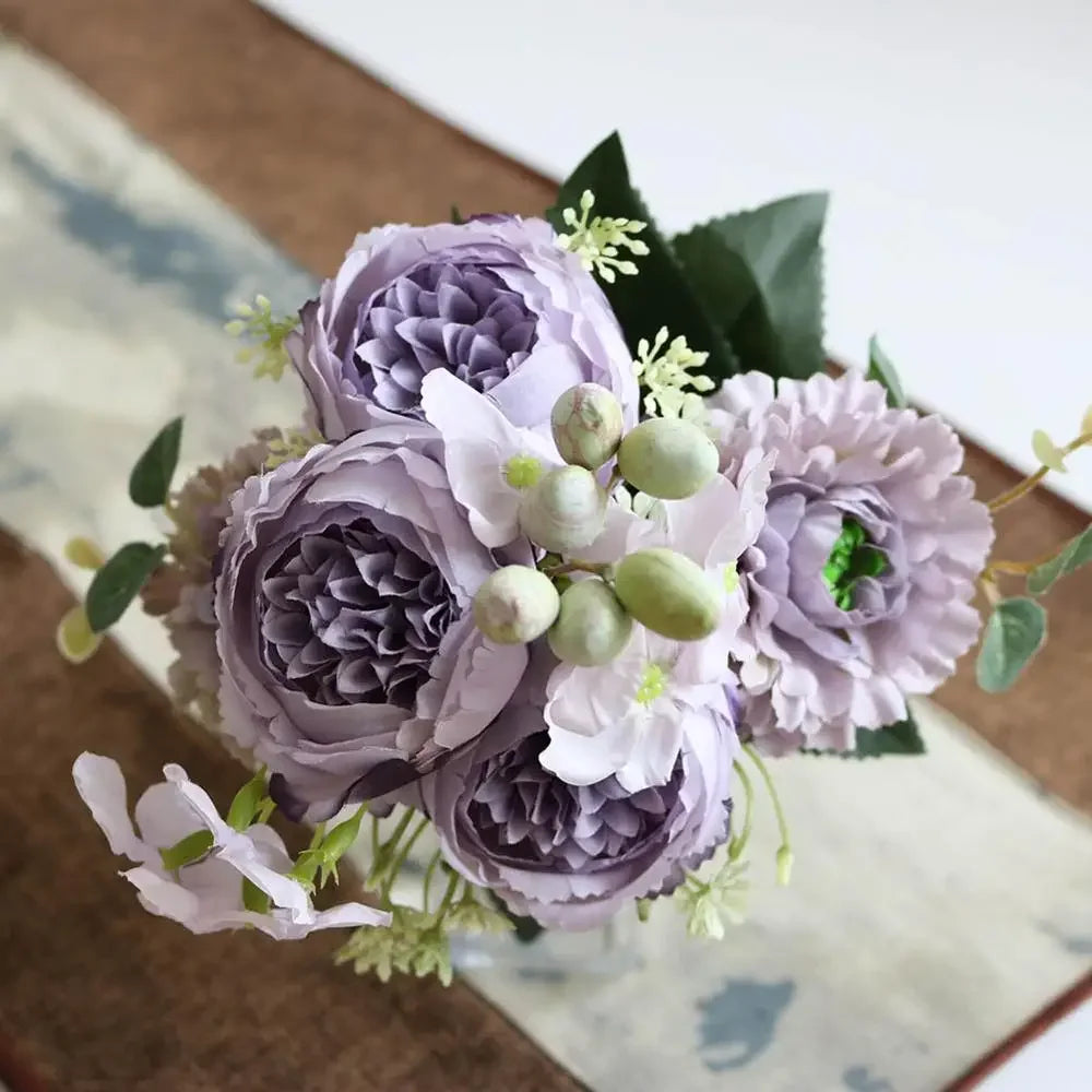 1 Bouquet purple Artificial Flowers Peony Tea Rose Autumn Silk Fake Flowers for DIY Living Room Home Garden Wedding Decoration