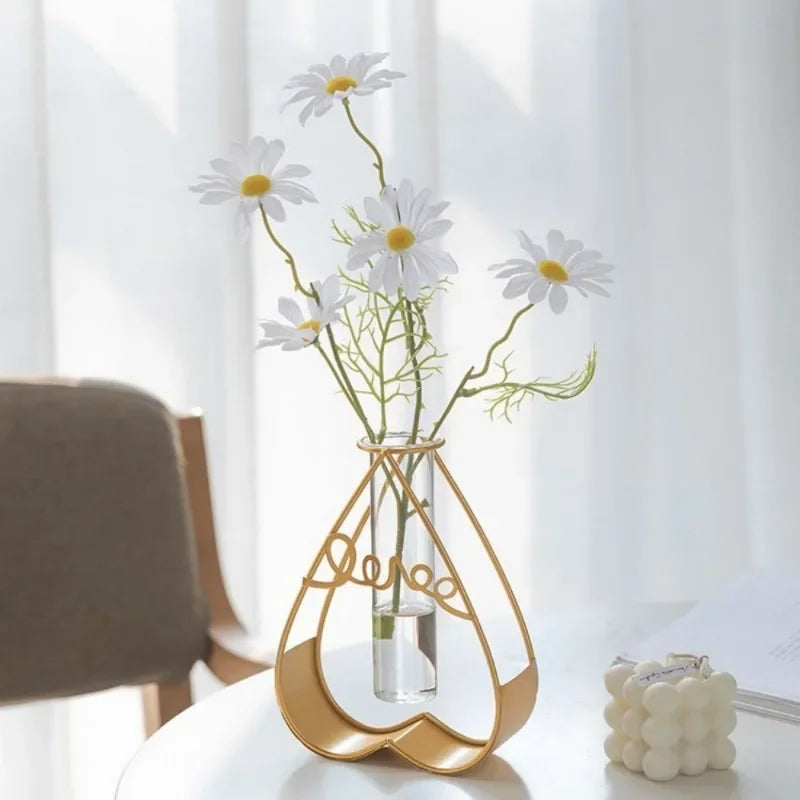 Nordic Style Creative Hydroponic Vase Tabletop Decoration Wrought Iron Frame Clear Glass Vase for Office Tabletop Decoration