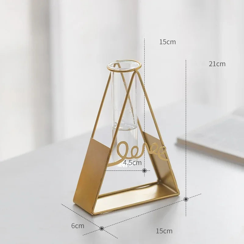 Nordic Style Creative Hydroponic Vase Tabletop Decoration Wrought Iron Frame Clear Glass Vase for Office Tabletop Decoration