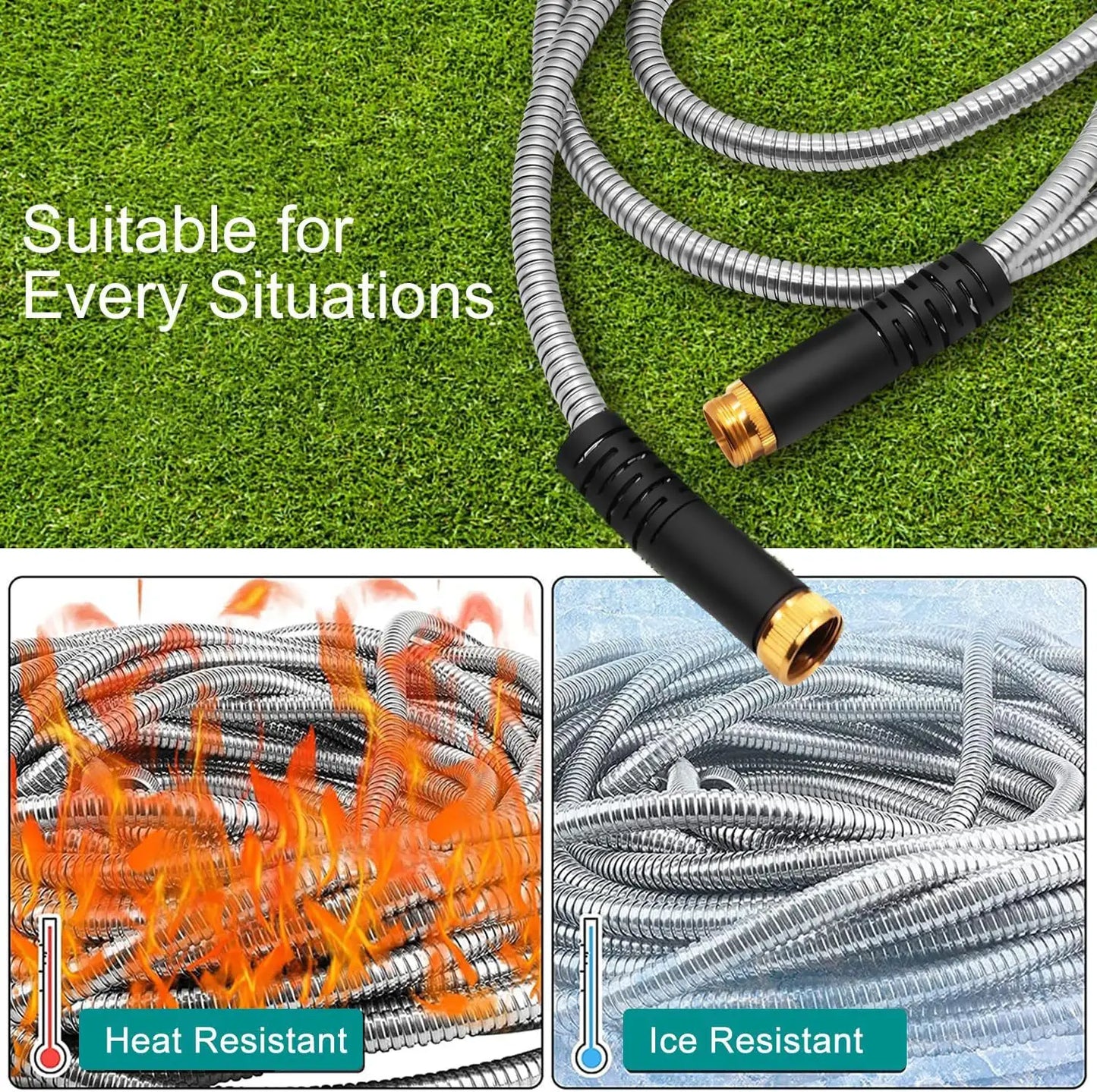 100ft Stainless Steel Garden Hose Metal Water Hose Patio Outdoor RV Car Wash Hose Watering Gun Hose Gardening Accessories