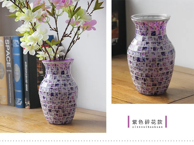 European Style Pastoral Mosaic Glass Vase, Pink and Purple, Fashion Home and Restaurant Decoration Furnishings