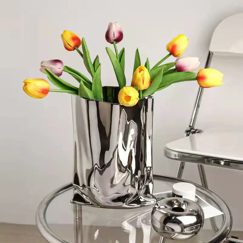 Creative Flower Pots Large Silver Ceramic Flower Cachepot Vase Planters Garden Succulent Plants Potted Modern Home Decoration