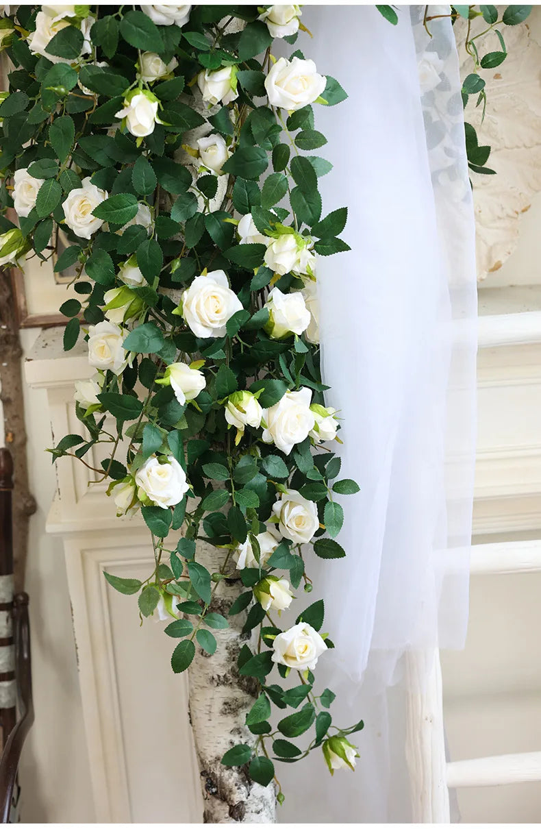 1.75m Artificial Rose Vine 22 Head Flower Fake Green Plant Flower Vine Wedding Arch Air Conditioning Pipe Wall Hanging Decor