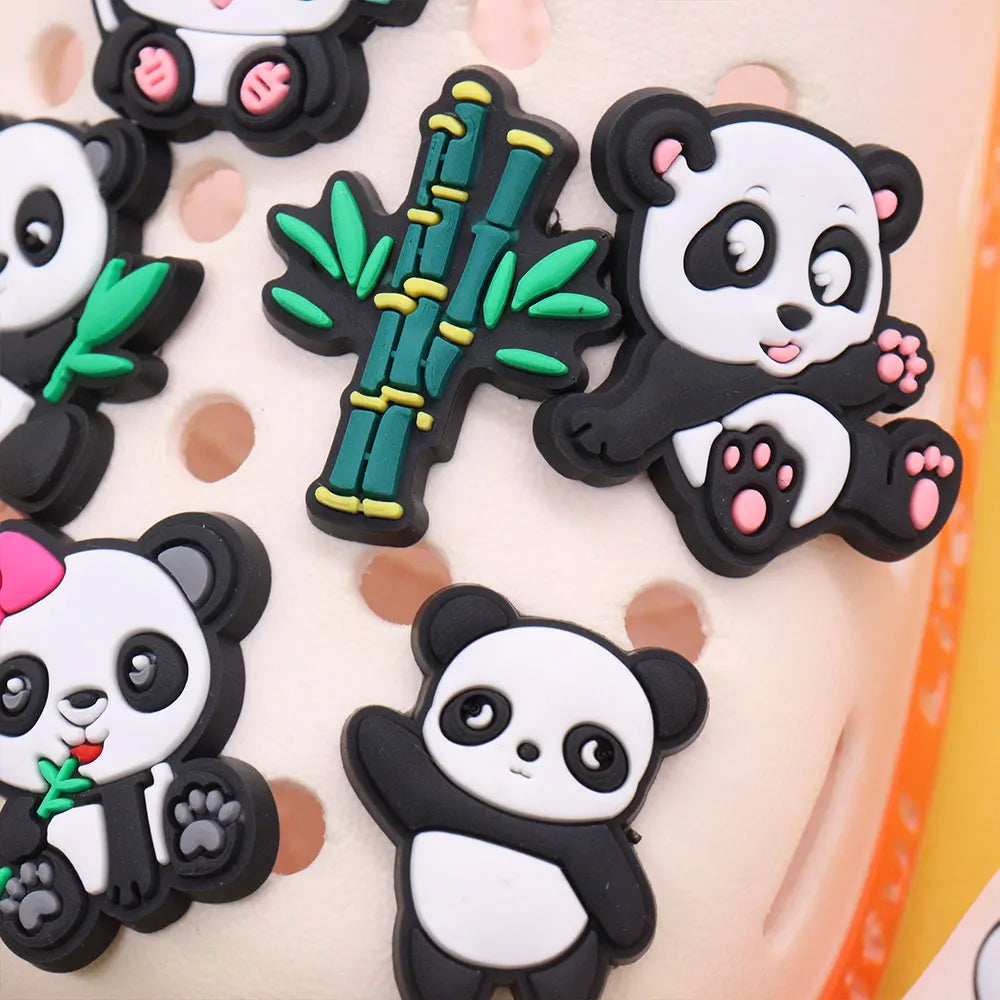 1-18PCS Cartoon Animal Panda Bamboo PVC Shoe Charms Buckle Clog Sandals Decoration Garden Shoes Button Accessories Children Gift