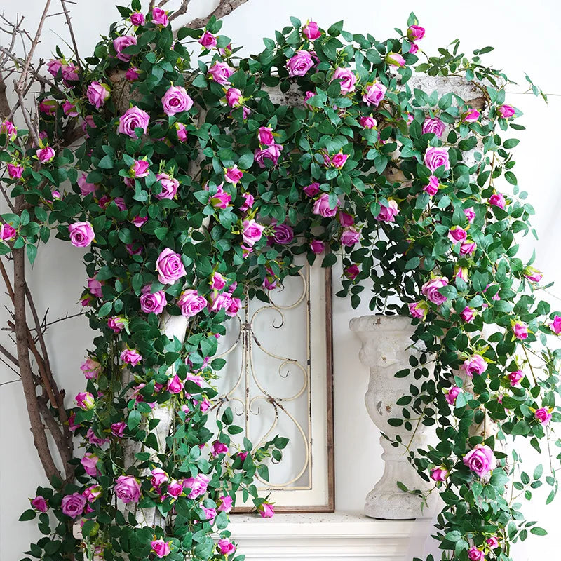 1.75m Artificial Rose Vine 22 Head Flower Fake Green Plant Flower Vine Wedding Arch Air Conditioning Pipe Wall Hanging Decor