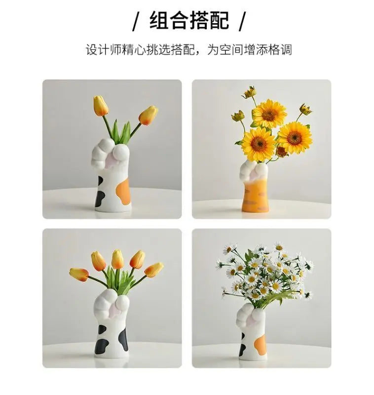 Cute Cat Hand Vase Ornament Ins Dry Flower Simulation Flower Living Room Foyer Decoration Dining Flower Arrangement Ceramicpot