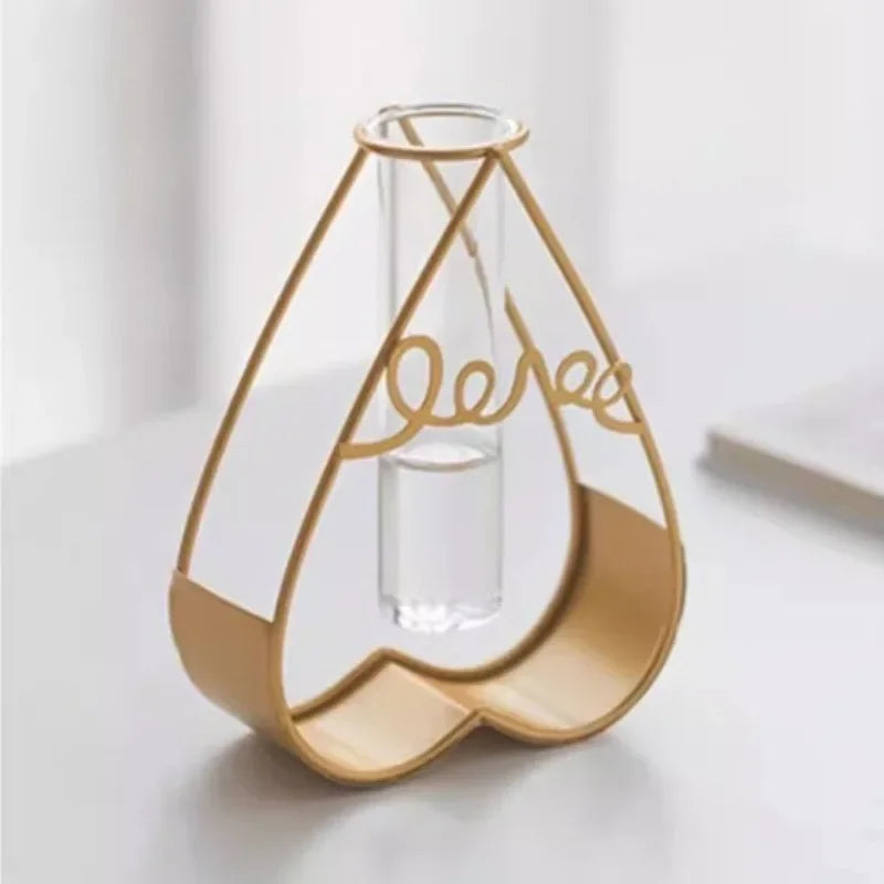 Nordic Style Creative Hydroponic Vase Tabletop Decoration Wrought Iron Frame Clear Glass Vase for Office Tabletop Decoration