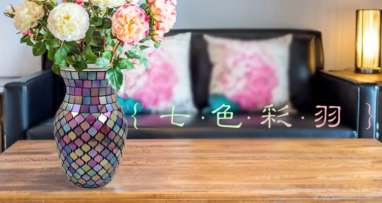 European Style Pastoral Mosaic Glass Vase, Pink and Purple, Fashion Home and Restaurant Decoration Furnishings