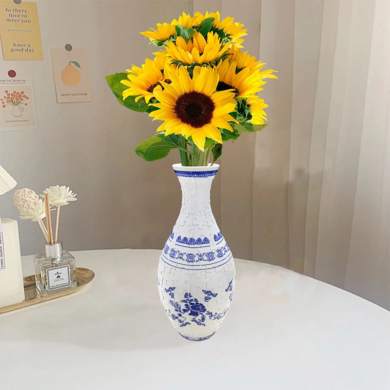 3D Puzzle Vase DIY Assembly Creative Blue And White Porcelain Design Plastic Home Decoration Flower Arrangement Kids Toys Gifts