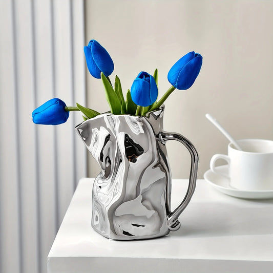 Creative Pleated Paper Bag Silvery Ceramic Vase Unique Aesthetic Vases For Living Room Coffee Table Bathroom Table Decor