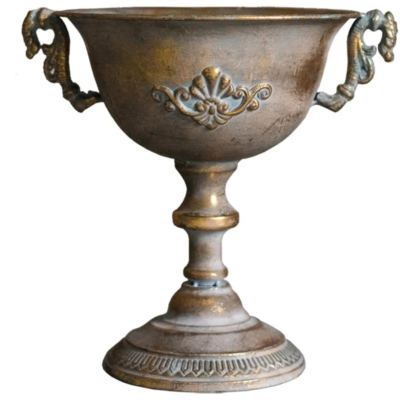 European Retro Iron Goblet Vase Decoration Home Livingroom Flower Arrangement Figurines Crafts Hotel Metal Flowerpot Ornaments