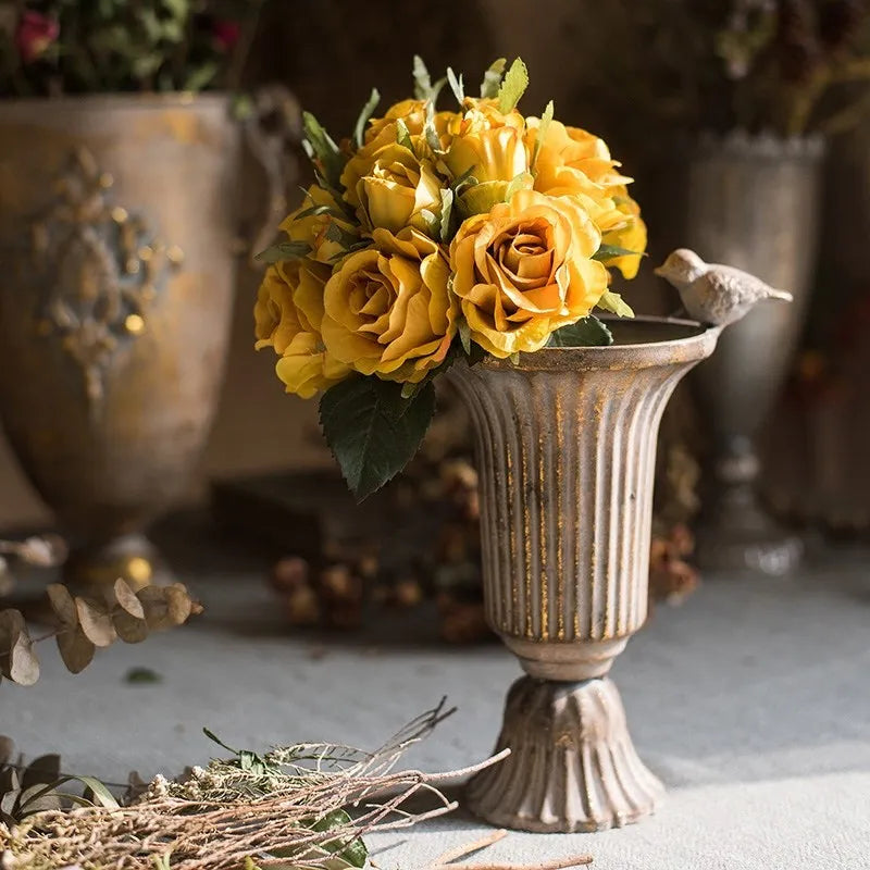 European Retro Iron Goblet Vase Decoration Home Livingroom Flower Arrangement Figurines Crafts Hotel Metal Flowerpot Ornaments