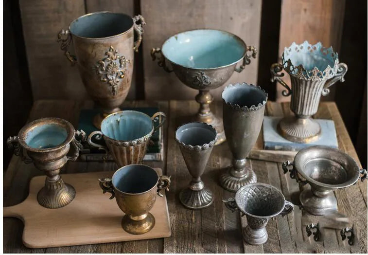 European Retro Iron Goblet Vase Decoration Home Livingroom Flower Arrangement Figurines Crafts Hotel Metal Flowerpot Ornaments