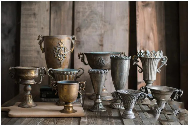 European Retro Iron Goblet Vase Decoration Home Livingroom Flower Arrangement Figurines Crafts Hotel Metal Flowerpot Ornaments