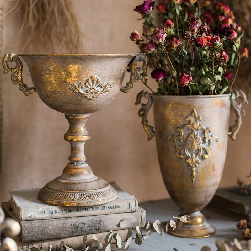 European Retro Iron Goblet Vase Decoration Home Livingroom Flower Arrangement Figurines Crafts Hotel Metal Flowerpot Ornaments