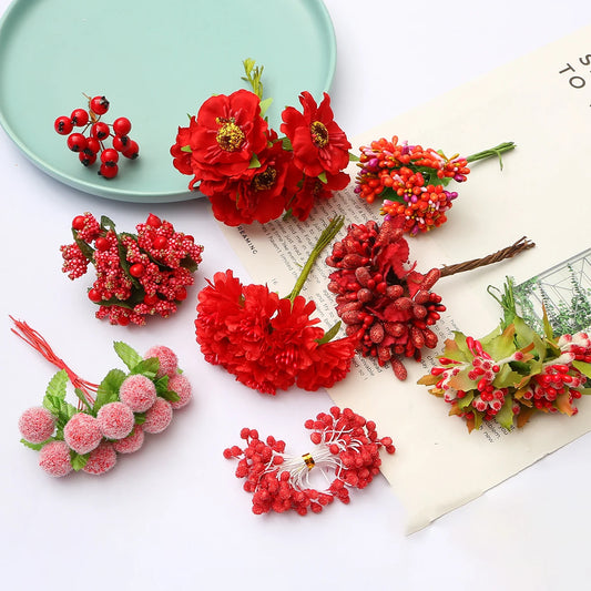 6/10/12/50/60/70/90/144/288pcs Yellow Flower Cherry Stamen Berries Bundle DIY Christmas Wedding Cake Gift Box Wreaths Decor