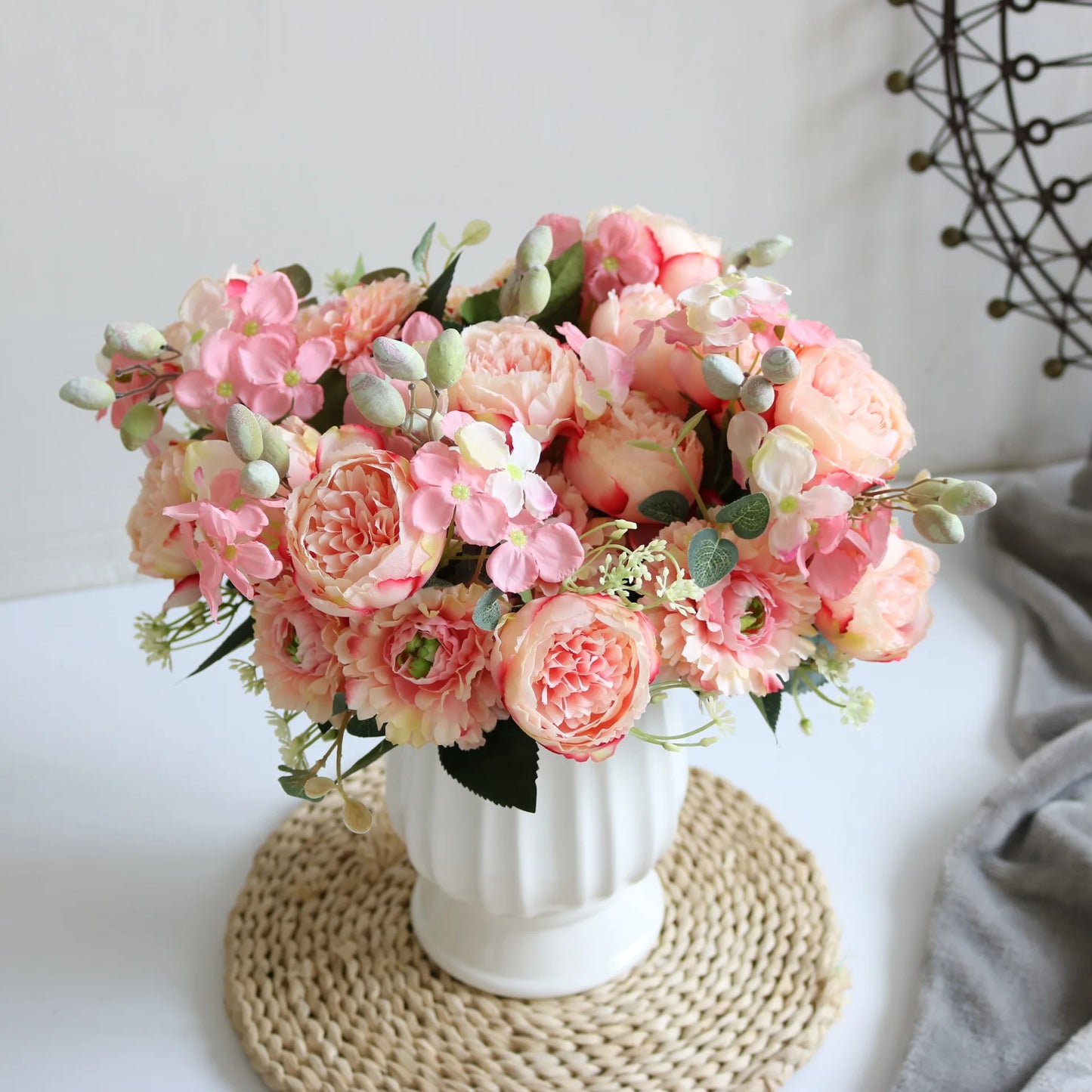 30cm Rose Pink Silk Peony Artificial Flowers Bouquet 5 Big Head an Bud Cheap Fake Flowers for Home Wedding Decoration indoo