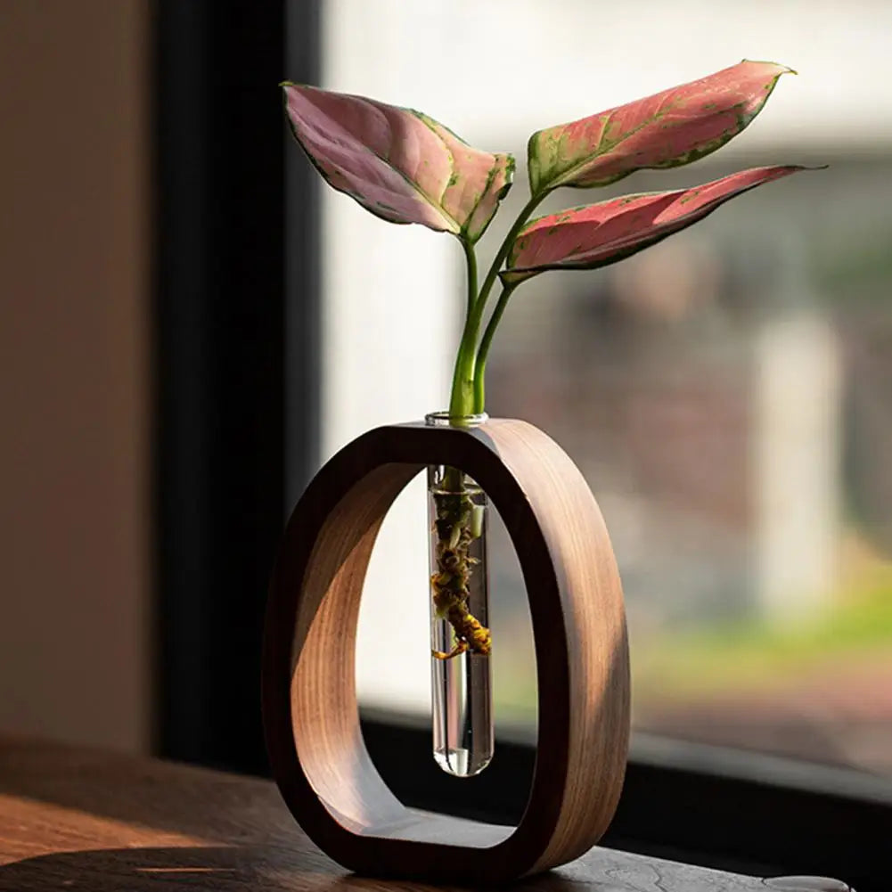 Hydroponic Plants Test Tube Vase with Wooden Stand Clear Flower Vase Table Plants Propagation Vase Home Office Desktop Decor