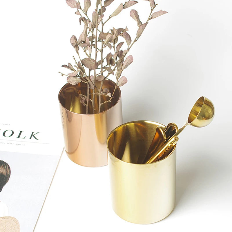 Brass Gold Vase  Stainless Steel Vases For Flowers Storage Container Organizer Pen Holder Cup Desk Flower Pots Home Decoration