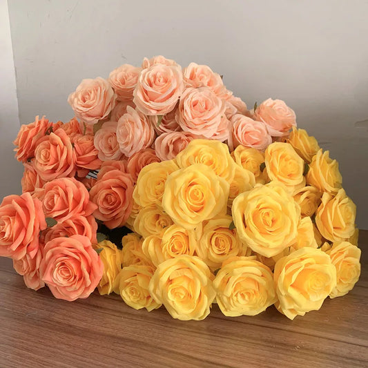 9Heads Roses Bouquet Artificial Flower Yellow Golden orange sunset Champagne Rose Fake Rose Living Room  Decoration Wedding