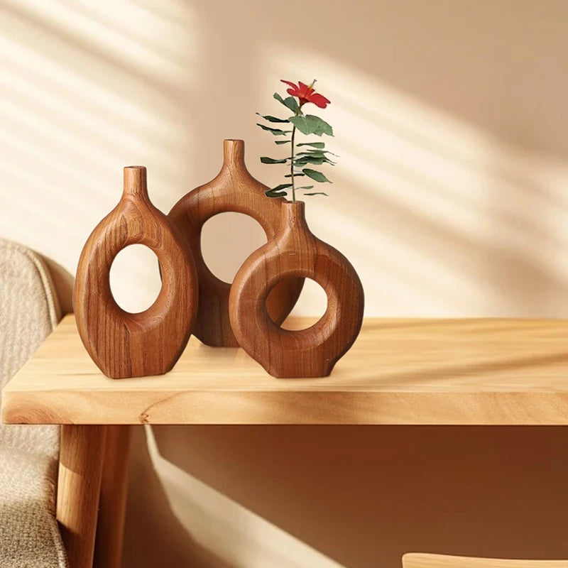 1PC Nordic Style Solid Wood Vase Donut Design Flowerpot Dry Flower Arranging Container Ornament Living Room Table Home Decor
