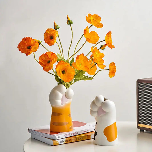 Cute Cat Hand Vase Ornament Ins Dry Flower Simulation Flower Living Room Foyer Decoration Dining Flower Arrangement Ceramicpot