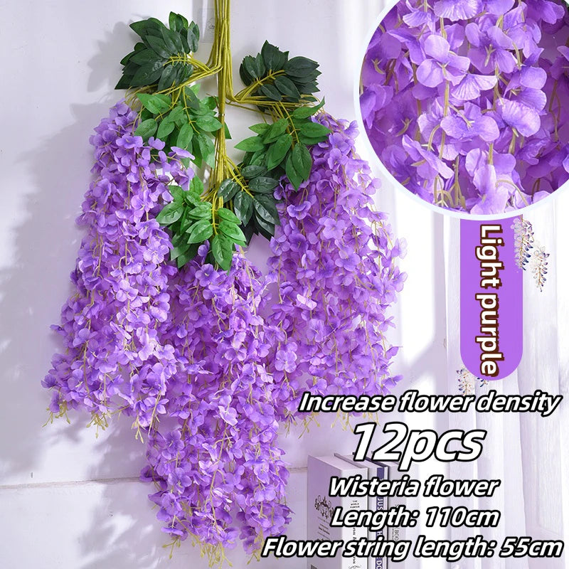 12pcs Thick Wisteria Flowers Fake Wisteria Hanging Flowers Artificial Wisteria Flowers Ceiling Flower Plants Exterior Decoration