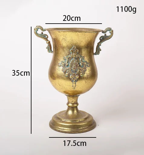 European Golden Retro Iron Vase Flower Arrangement Vessel Decoration Home Room Ornaments Wedding Banquet Table Accessories Items