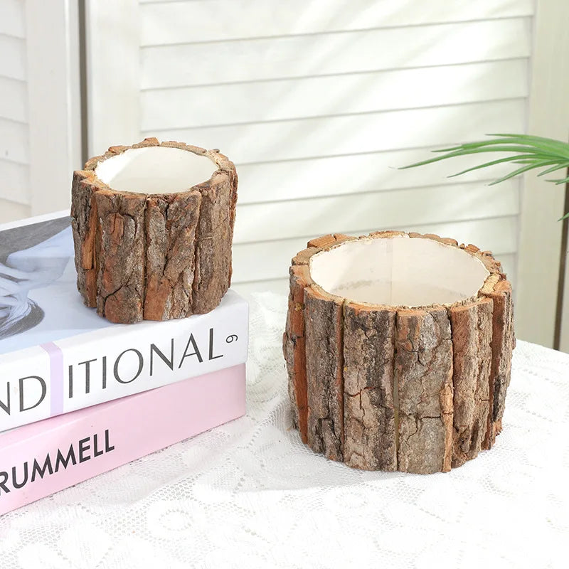 9/12cm Tree Bark Flower Vase Ornament,Round Wooden Tree Stump Planter,Wedding Garden Office Desktop Decoration Vase