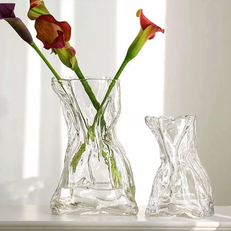 Irregular Glass Flower Vase Crystal Clear Vase Ins Style Decorative Vases for Home Office Wedding Dinner Table Party Decor