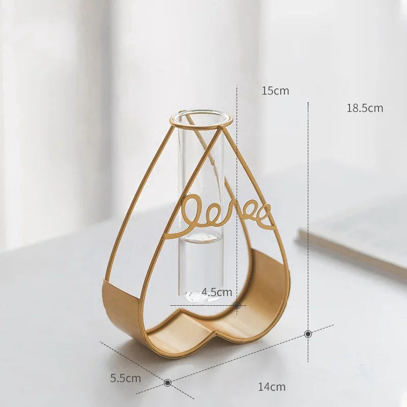 Nordic Style Creative Hydroponic Vase Tabletop Decoration Wrought Iron Frame Clear Glass Vase for Office Tabletop Decoration