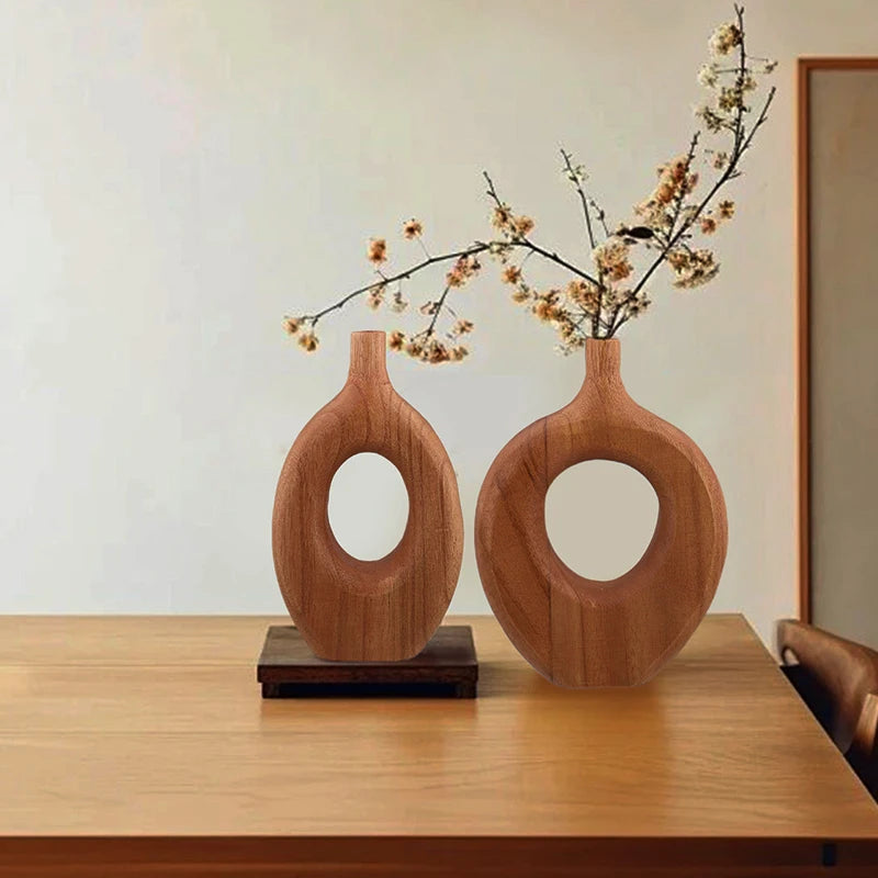 Nordic Style Solid Wood Vase Donut Design Wooden Flowerpot Vase Flower Arrangement Tabletop Ornaments Living Room Home Decor